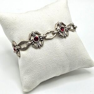 VINTAGE Silver Tone Red Rhinestone Link Bracelet Toggle Close